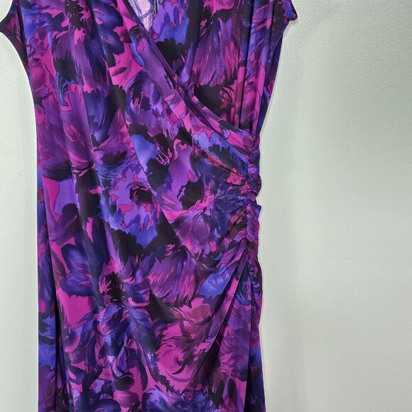 Chaps Sheath Dress Womens Large Purple Floral Faux Wrap Bodycon Ruched Surplice - Picture 11 of 11